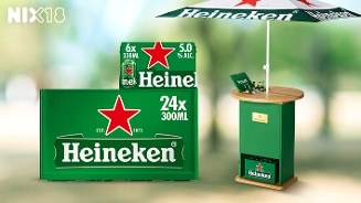 Promotiebeeld van Heineken bier met een krattenopstelling en parasol, NIX18-logo zichtbaar.