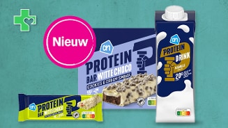 Nieuwe Albert Heijn proteïneproducten: Protein Bar Witte Choco Cookies & Cream en Protein Drink Vanille
