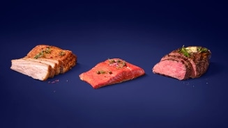 Drie stukken vlees: gebraden buikspek, zalmfilet en een stuk rosé gebakken biefstuk, mooi gepresenteerd op een donkerblauwe achtergrond met kruiden als garnering.