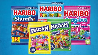 Haribo en Maoam snoep multipacks met Starmix, KinderMix, Dragibus, PartyMixx en MaoMixx variëteiten.