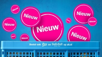 Meerdere roze cirkels met het woord "Nieuw" boven een blauwe krat met de tekst "Bestel ook Etos en Gall & Gall op ah.nl".