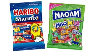 Zak Haribo Starmix en zak Maoam Maomix met kleurrijke snoepjes, multipack verpakkingen.