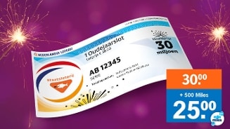 Oudejaarslot van de Nederlandse Loterij met een hoofdprijs van 30 miljoen euro. Kosten zijn 30,00 euro, maar met 500 miles 25,00 euro.