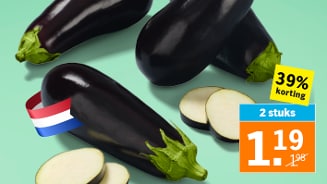 Aubergines met Nederlands vlaggetje, enkele in plakjes gesneden, met een aanbieding van 2 stuks voor 1,19 euro en 39% korting.