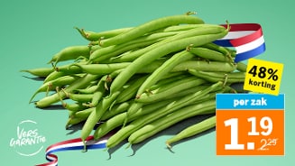 Verse sperziebonen met een Nederlandse vlag, 48% korting en de prijs per zak is €1,19 in plaats van €2,29.