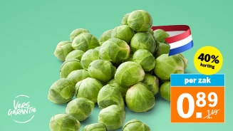 Spruitjes in de Bonus. 40% korting , per zak van 1.49 voor 0.89. Vers garantie. Spruitjes op groene achterrond met de Nederlandse vlag.