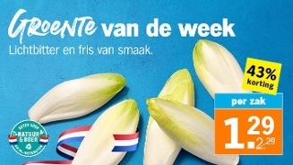 Groente van de week promotie voor witlof met 43% korting, per zak voor 1,29 euro bij Albert Heijn, lichtbitter en fris van smaak, Nederlandse herkomst