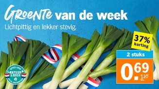 Prei in de aanbieding als groente van de week bij Albert Heijn met 37% korting, 2 stuks voor 0,69 euro