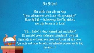 Plaatje van een piet die vastzit in een schoorsteen met benen in de lucht, op een blauwe achtergrond met Sinterklaas-verhaaltekst over piet die moeilijkheden heeft in de schoorsteen.