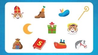 Sinterklaas symbolen zoals een mijter, staf, stoomboot, cadeautje, chocolade letter S, zak met cadeaus, maan, paard, schoen met wortel, pietenmuts en twee vrolijke hamsterfiguren met Sinterklaaskostuum