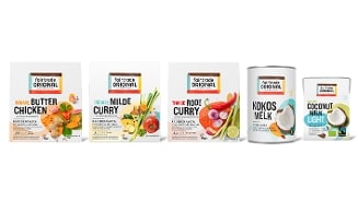 Fairtrade Original kruidenpasta’s voor Indiase butter chicken, Indiase milde curry, Thaise rode curry, en blikken kokosmelk en coconut milk light.
