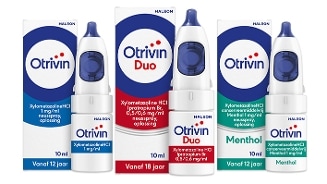 Otrivin neusspray assortiment, met standaard, Duo en Menthol varianten in verpakkingen van 10 ml