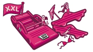 Illustratie van een roze auto-gum XXL van het merk Autodrop met een satirische strandthema.