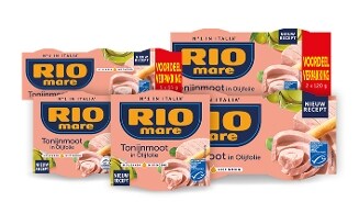 Voordeelverpakking Rio Mare tonijnmoot in olijfolie met nieuw recept.