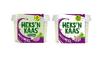 Heksenkaas originele en Heksenkaas vegan spreads in plastic bakjes, beide met paarse en groene verpakking