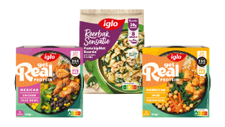 Iglo diepvriesmaaltijden: Get Real Protein Mexican Chicken Taco Bowl, Get Real Protein Moroccan Spiced Chicken Bowl en Roerbak Sensatie Pasta Kipfilet Boursin