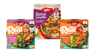 Iglo diepvriesmaaltijden: Roerbak Sensatie Asian beef, Get Real Protein Mexican Chicken Taco Bowl en Get Real Protein Red Thai Chicken Curry verpakkingen