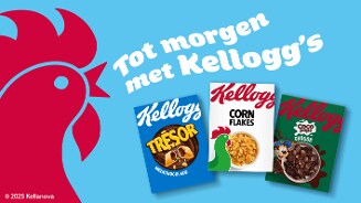 Promotieafbeelding met drie ontbijtgranen van Kellogg’s: Trésor Melkchocolade, Corn Flakes en Coco Pops Choco’s, tegen een blauwe achtergrond met een grote rode haan en de tekst 'Tot morgen met Kellogg’s'