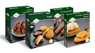 Vier verpakkingen van Mahalood vegetarische producten, waaronder gehaktballetjes, nuggets, frikandellen en crispy chicken burgers, afgebeeld op een witte achtergrond