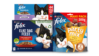 Felix kattenvoer en snacks verpakkingen, waaronder Felix Original natvoer, Elke Dag Feest Countryside selectie en Party Mix kattensnacks