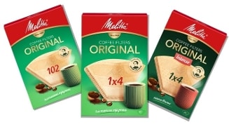 Drie verpakkingen Melitta koffiefilters Original, met verschillende maten en varianten, afgebeeld naast elkaar.