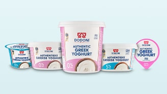 Verschillende producten van Dodoni griekse yoghurt. Met 5% of 0% vet.