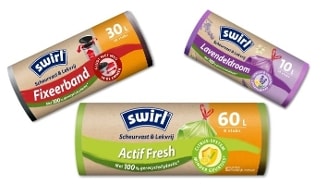Drie rollen Swirl afvalzakken, varianten Fixeerband (30L), Lavendeldroom (10L) en Actif Fresh (60L), elk met een opvallende verpakking.