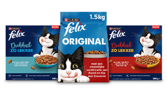 Drie verpakkingen van Felix kattenvoer, waaronder Felix Original en Dubbel Zo Lekker, getoond met afbeeldingen van een vrolijke kat en kattenbrokjes.