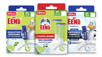 WC Eend Fresh Discs starters- en navulverpakkingen, varianten voor krachtige reiniging en anti-kalk formule, verpakt in groene en blauwe dozen met afbeeldingen van de WC Eend mascotte en de discs.