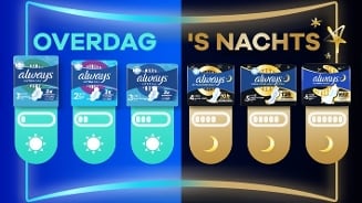 Always maandverband assortiment voor overdag en 's nachts, met nadruk op absorptie en comfort.