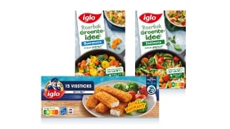 Iglo Roerbak Groente-idee Boerenmix en Italiaans, en Iglo 15 Vissticks verpakkingen.