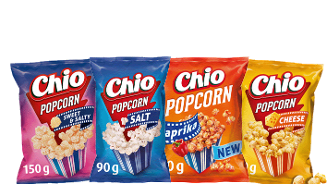 Vier zakken Chio popcorn met verschillende smaken: Sweet & Salty, Salt, Paprika en Cheese.