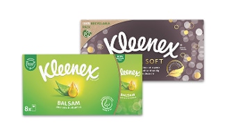 Kleenex Balsam tissues met aloe vera en vitamine E en Kleenex Soft tissues in verpakkingen