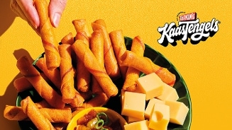Een groene schaal met geserveerde Topking Kaasstengels, blokjes kaas en een kommetje dip, met een hand die een kaasstengel pakt, tegen een gele achtergrond. Het Topking Kaasstengels-logo staat rechtsboven in beeld.