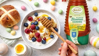 de traay honing met een bakje yoghurt met fruit en honing