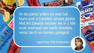 Quote over AH Zakelijk met diverse zomerse producten zoals cola, Nivea zonnebrand, Mars ijs en Melkunie Breaker yoghurt, op een blauwe achtergrond. Links onderaan een afbeelding van Ingrid Dost, FCB Amsterdam.