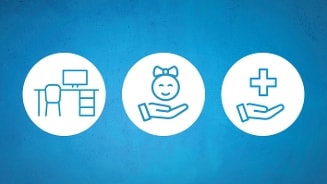 Drie ronde iconen op blauwe achtergrond: een bureau met computer, een hand die een glimlachend kind ondersteunt, en een hand die een medisch kruis vasthoudt, symboliseren werkplek, zorg voor kinderen en gezondheid.