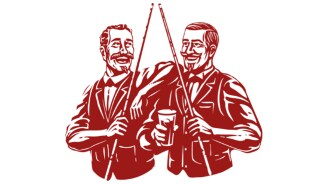 Twee rood getekende mannen met hengels en een beker, met vervaagde gezichten.