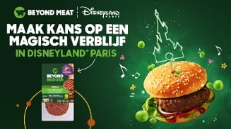 Promotie afbeelding van Beyond Meat in samenwerking met Disneyland Paris, met tekst "Maak kans op een magisch verblijf in Disneyland Paris" en een Beyond Burger.