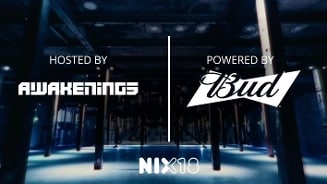 Afbeelding met industriële achtergrond en de tekst 'Hosted by Awakenings' en 'Powered by Bud', met onderaan het NIX18 logo.