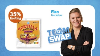 Afbeelding van een AH volkoren wortel tortilla met 35% korting, naast een vrouw met de naam Fien, marketeer bij Albert Heijn, en het Team AH Swap logo.