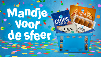 Mandje gevuld met AH chips paprika, AH pizza kaas, AH scharrelei salade en AH worstenbroodjes, op een feestelijke achtergrond met confetti. Tekst: "Mandje voor de sfeer".