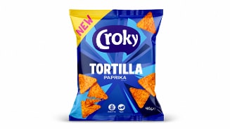 Zak Croky Tortilla Paprika chips 40 gram, glutenvrij en vegan, met afbeelding van driehoekige paprika tortilla chips op de verpakking.
