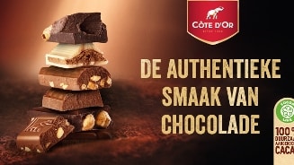 Côte d'Or chocolade met tekst "De authentieke smaak van chocolade" en 100% duurzaam aangeboden cacao label.