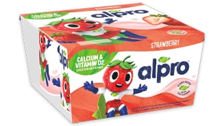 Alpro aardbei plantaardige zuivel alternatief, verpakking met vrolijke aardbei mascotte en vermelding van calcium en vitamine D2