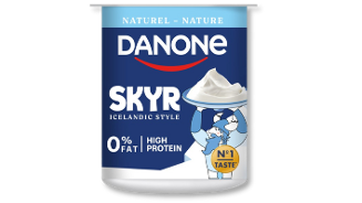 Skyr naturel van Danone, IJslandse stijl, 0% vet en hoog in proteïne.