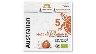 Verpakking van Australian Latte Macchiato Caramel met subtiele karamelsmaak, geschikt voor Dolce Gusto apparaten, zonder toegevoegde suikers.