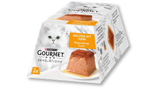 Purina Gourmet Revelations kattenvoer met kip mousse, verpakt in kartonnen doos, 2 stuks.