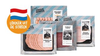 Vleeswaren assortiment van Streeckgenoten, inclusief grillworst naturel, ambachtelijk gehakt, cervelaat speciaal en Limburgse achterham. Met het label "Lekker uit de Streek".