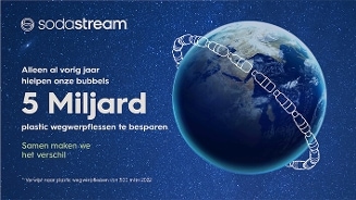 Promotieafbeelding van SodaStream met de tekst "5 Miljard plastic wegwerpflessen te besparen" samen met een afbeelding van de aarde omringd door een ketting van plastic flessen.